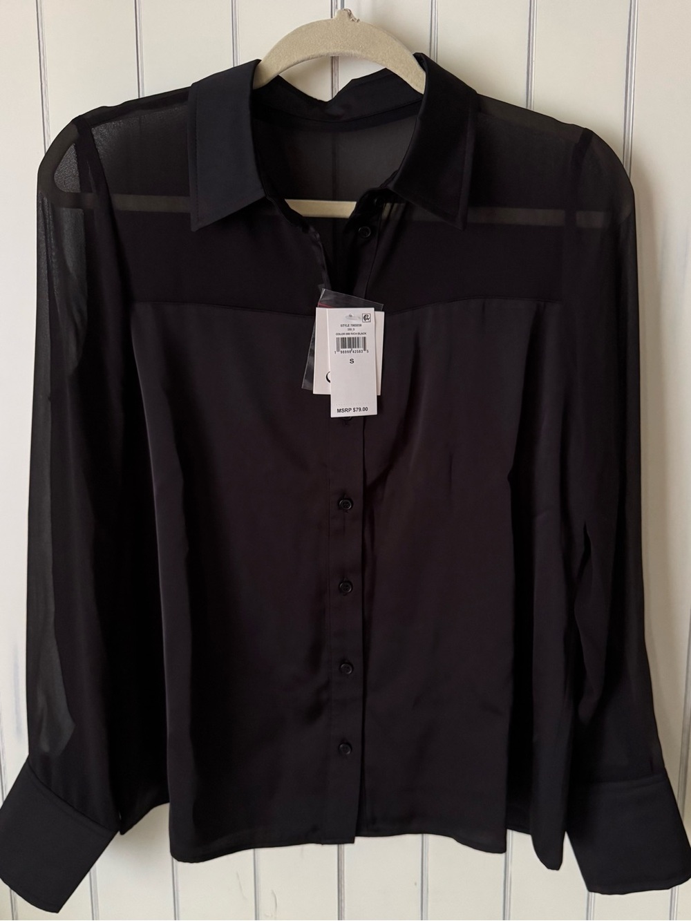 CeCe Black Button-Up Blouse with Sheer Panels